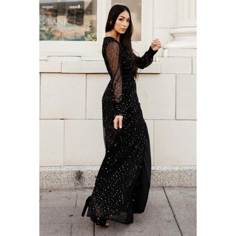 Baltic Born Abigail Sparkle Gown Black Gold Sequins Semi Sheer V Neck Medium New - Picture 2 of 14